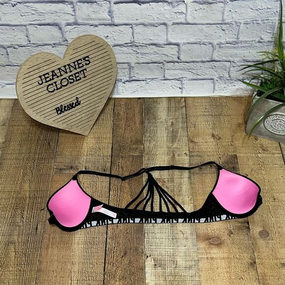 Victoria's Secret PINK Push-Up Black/Pink Lace Front Close Bra UW Strappy - Picture 5 of 7